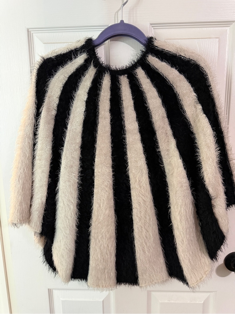Lauren Michelle Black & Cream Striped Faux-Fur Poncho